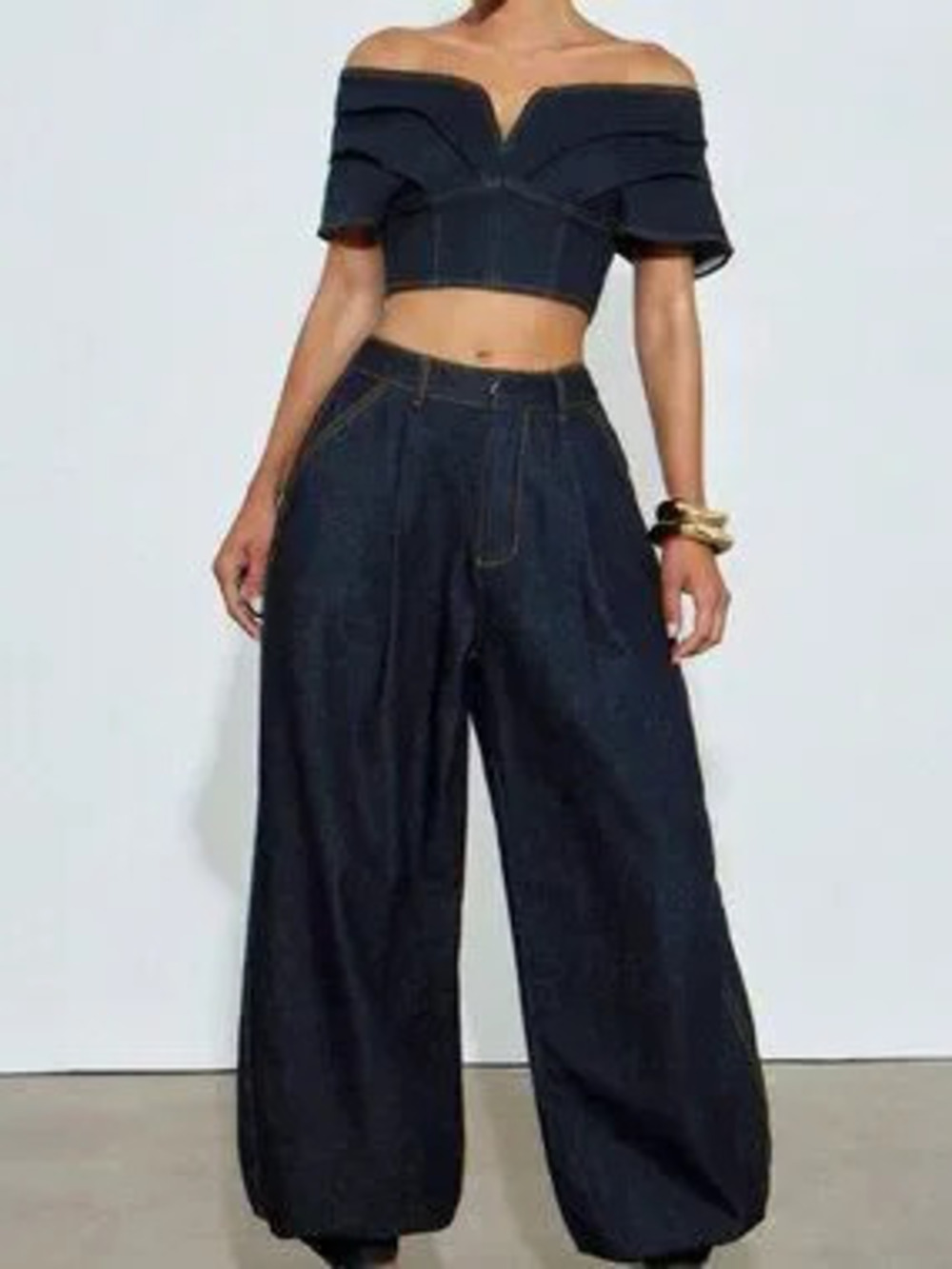 ZARA Blue Casual Women's Denim Off Shoulder Crop Top